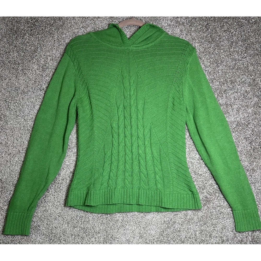 Cabi Green Cable Knit Hooded Sweater Small Cotton Lightweight